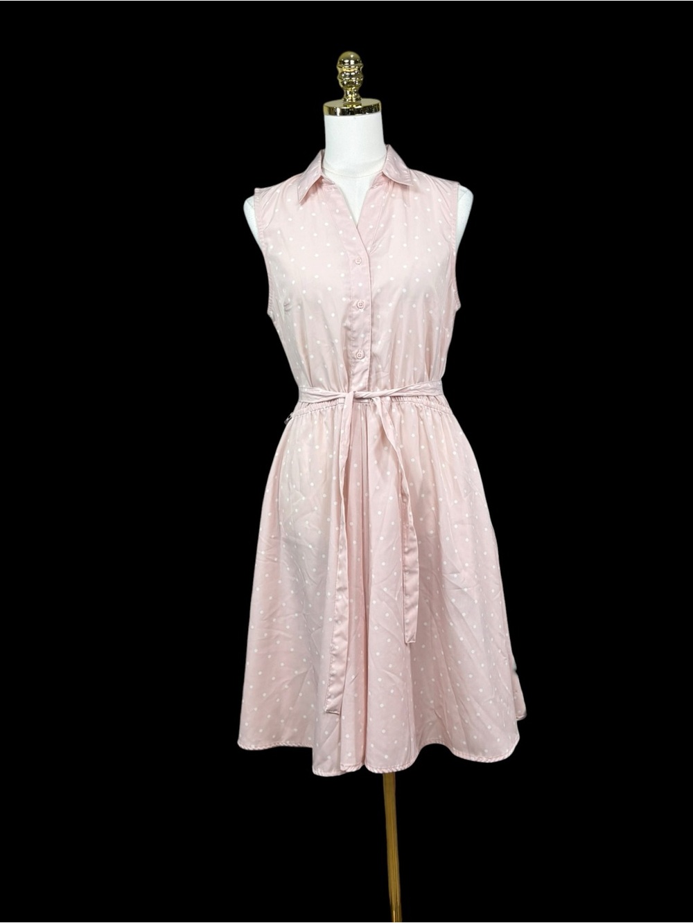 Larry Levine button down pink and white polkadot belted shirt dress size M